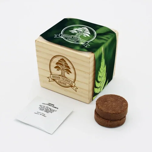 Wooden Cube Grow Kit components: wood cube, soil and seeds laid out