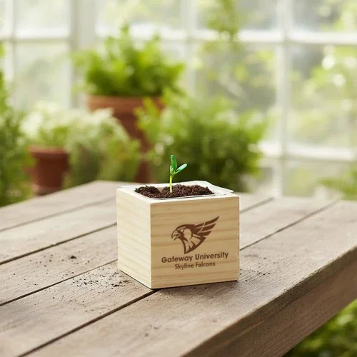 Wooden Cube Grow Kit color-printed sleeve showing branding and growing instructions