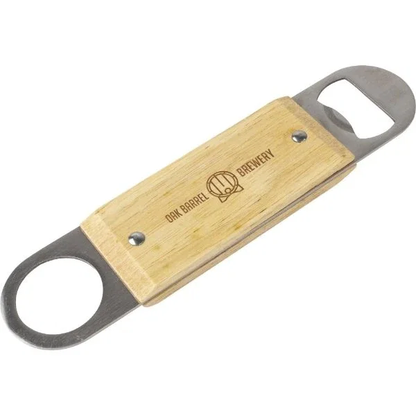 Wooden paddle bottle opener with stainless steel head and thumb hole for hanging