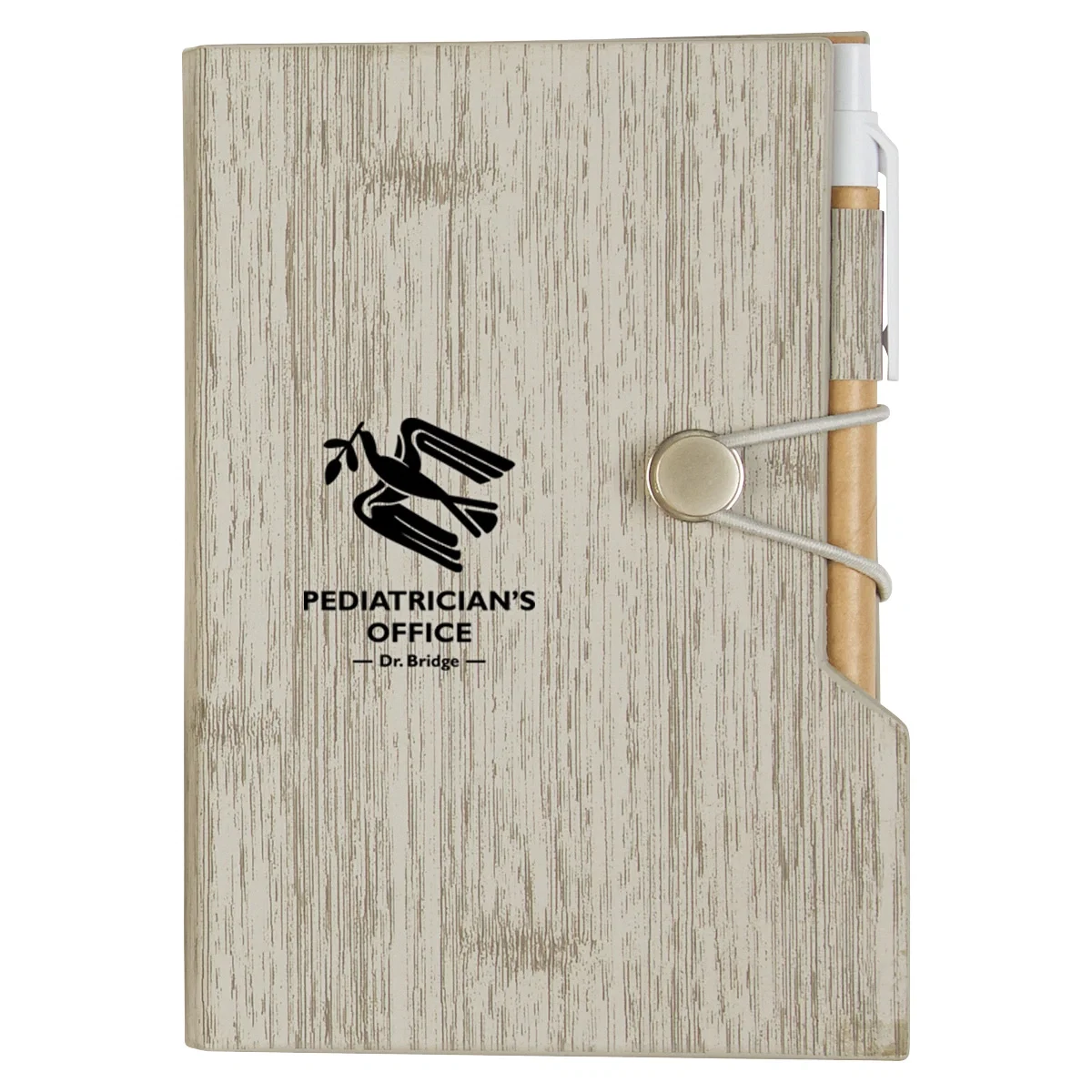 Woodgrain look notebook holding sticky notes and page flags