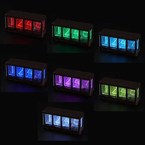 Promotional woodgrain nixie-tube desk clock, side profile showing wood grain and logo LED readout