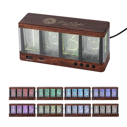 Branded nixie-tube style desk clock, angled view of custom promotional woodgrain LED desk clock