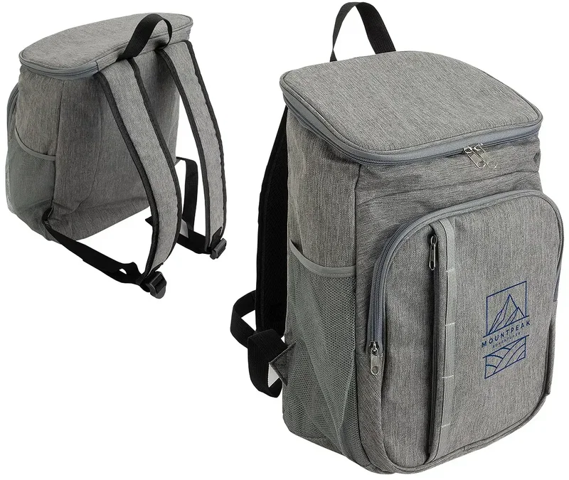 Promotional Woodland cooler backpack shown packed with food and drinks
