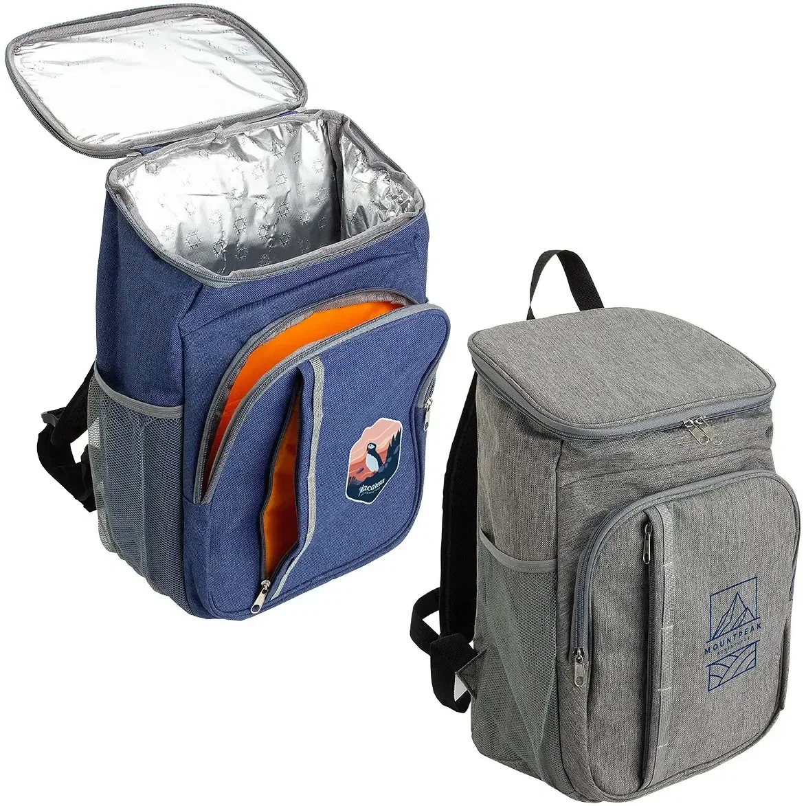 Custom Woodland polycanvas cooler backpack, branded insulated bag front view with logo area