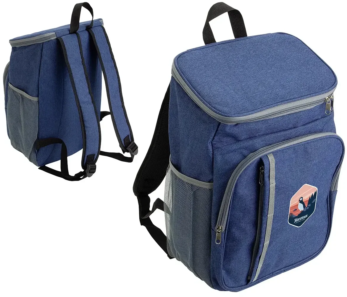 Branded Woodland cooler backpack side profile showing hands-free shoulder straps