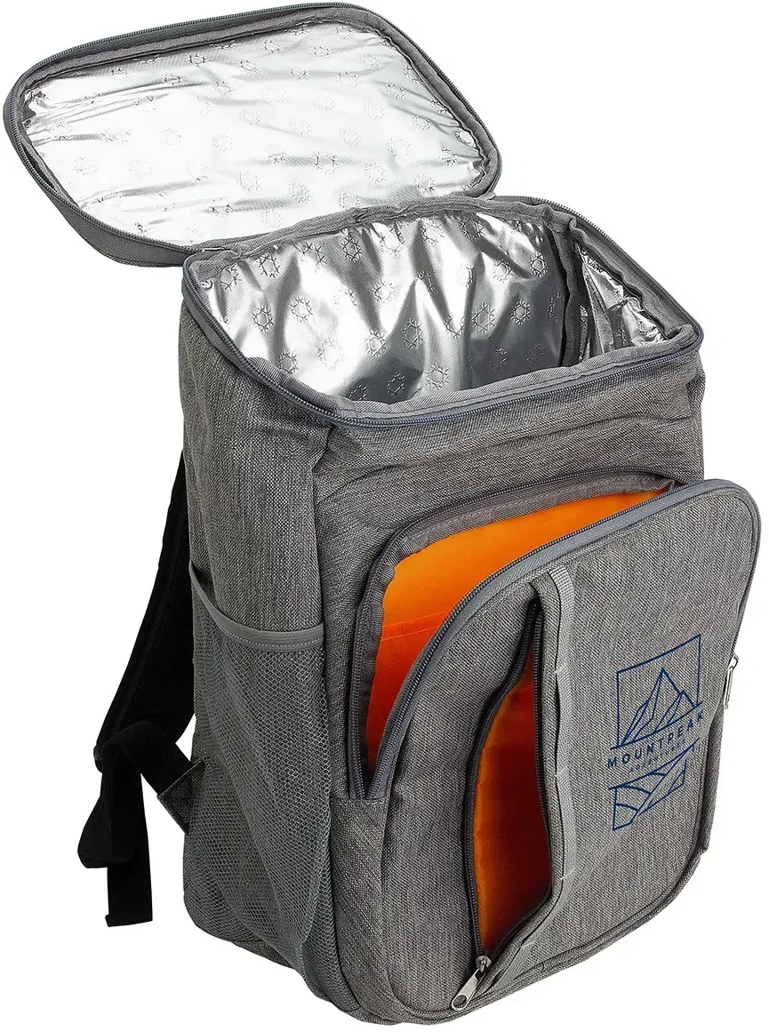 Custom insulated backpack cooler front pocket detail for logo placement