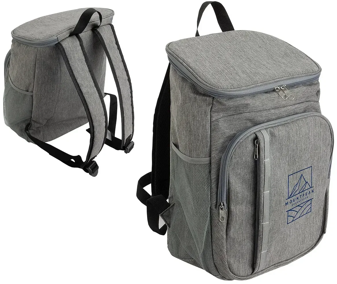 Promotional Woodland cooler backpack shown packed with food and drinks