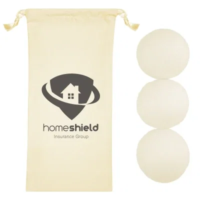 Wool dryer ball set with its fabric storage pouch