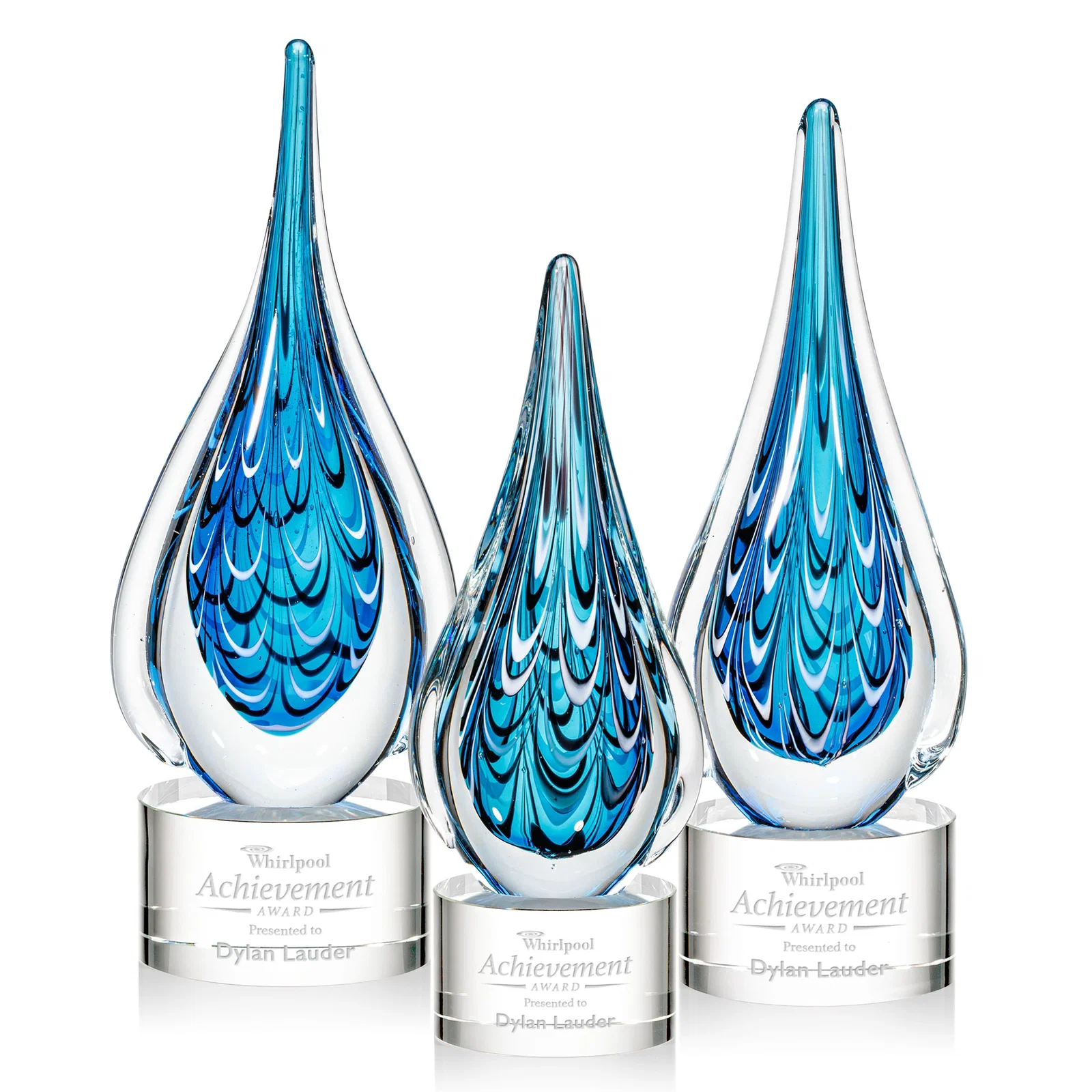 Custom Glass Teardrop Award With Many Hues of Blue for employee recognition