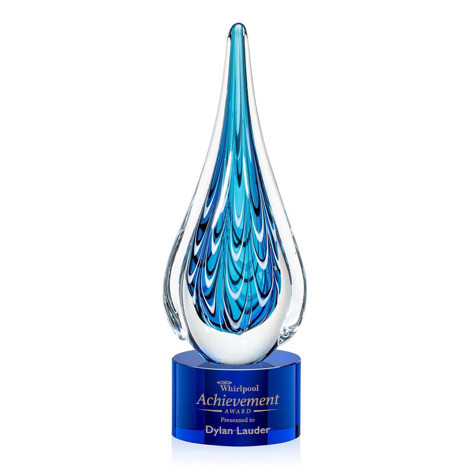 Custom Glass Teardrop Award With Many Hues of Blue for dealer and partner awards
