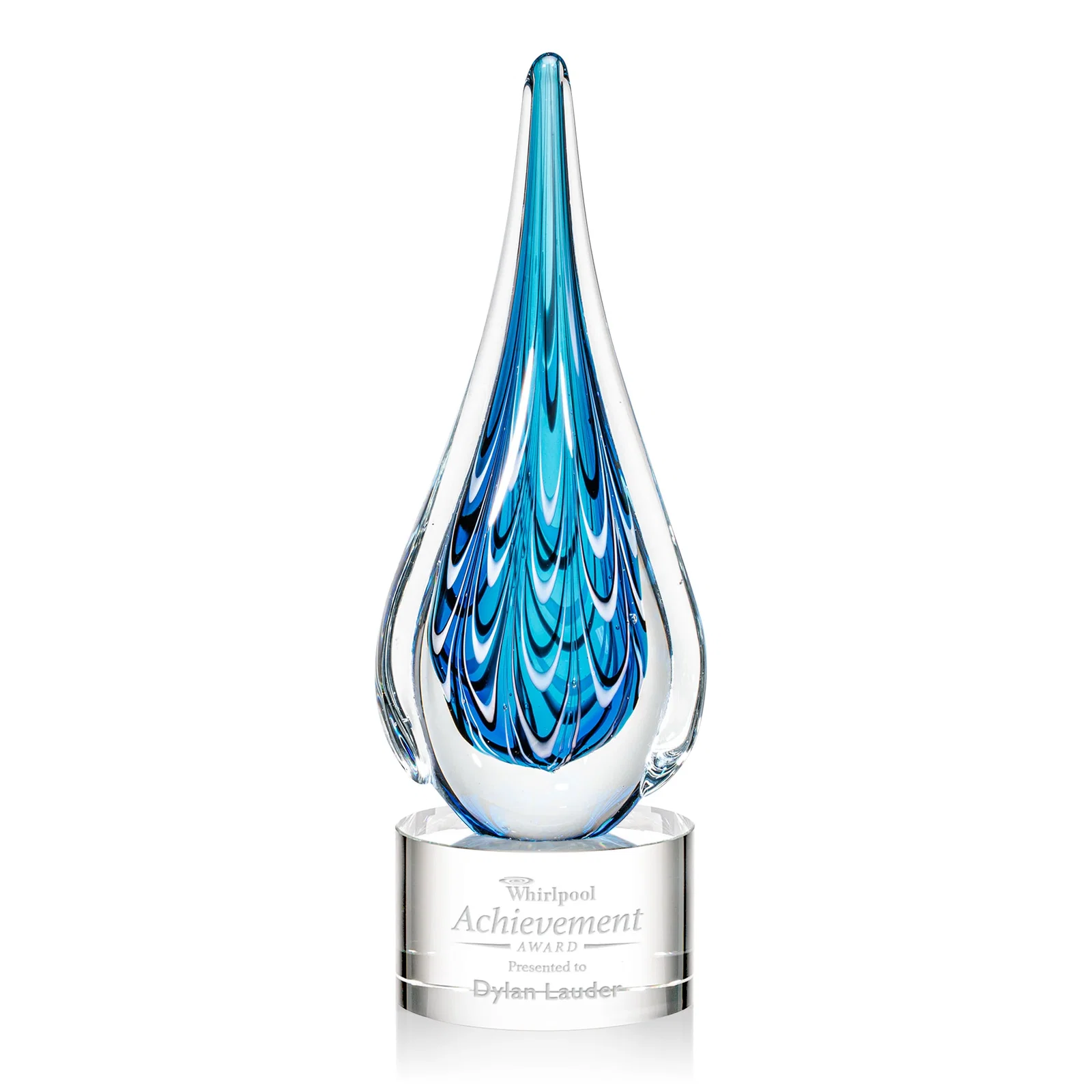 Custom Glass Teardrop Award With Many Hues of Blue for service anniversary gifts