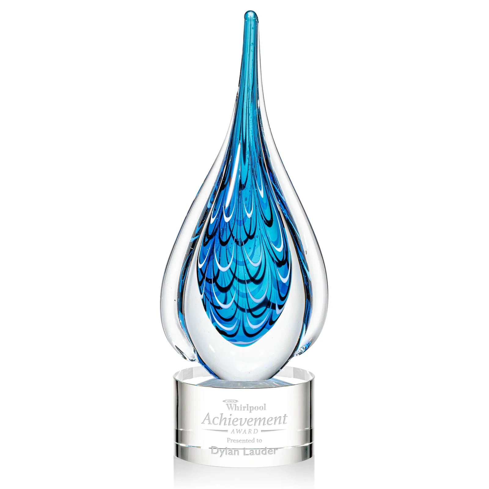 Custom Glass Teardrop Award With Many Hues of Blue for sales achievement awards