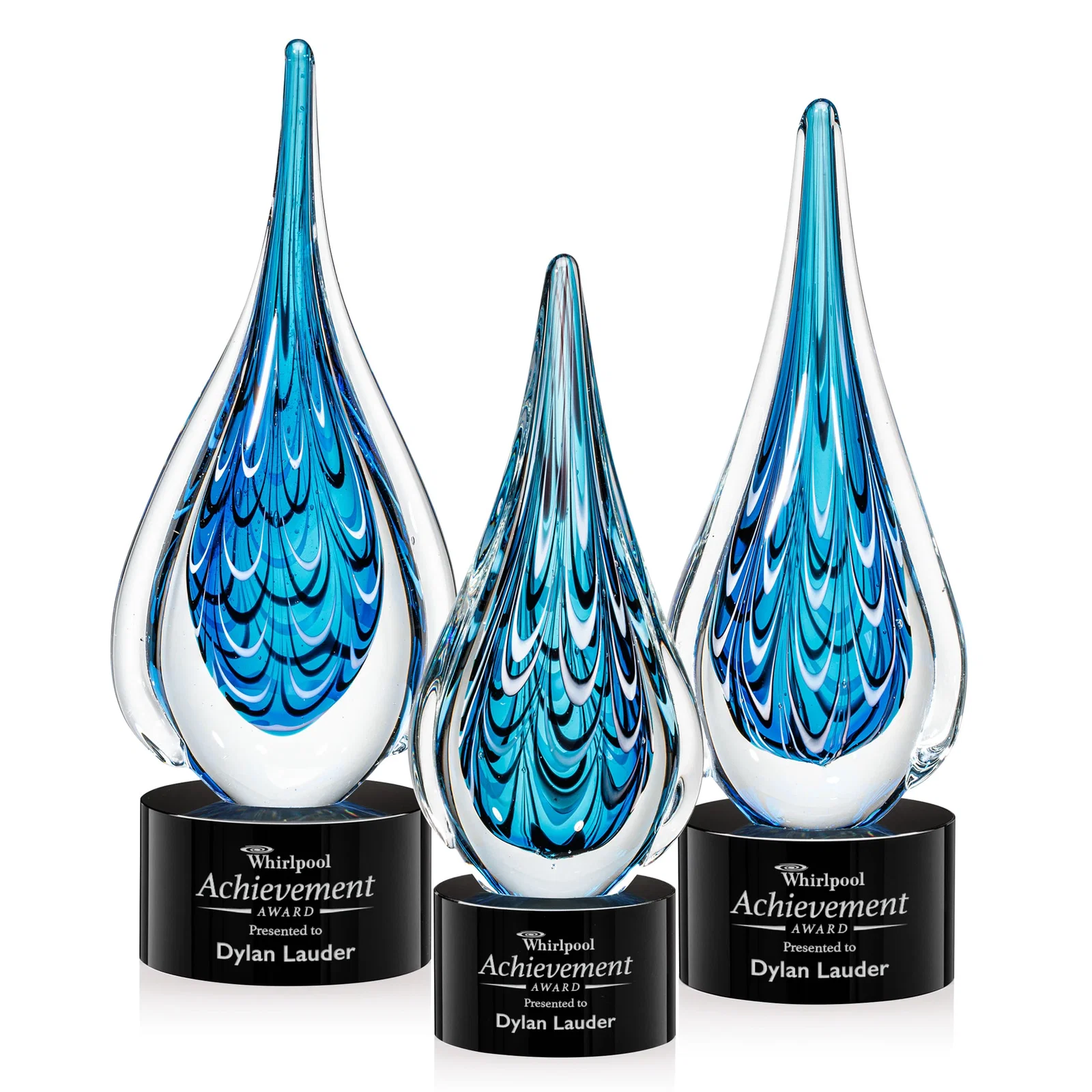 Custom Glass Teardrop Award With Many Hues of Blue for retirement presentations