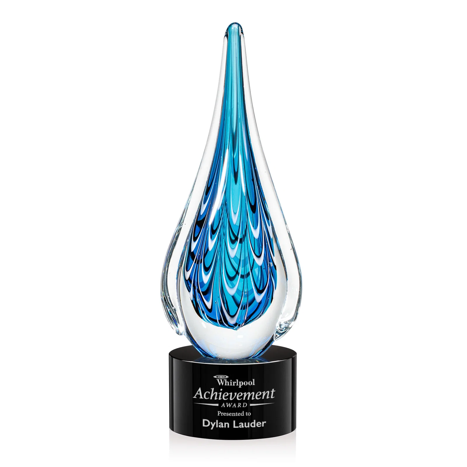 Custom Glass Teardrop Award With Many Hues of Blue for donor appreciation