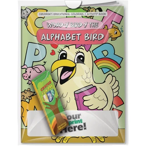 Word-y Bird-y the Alphabet Bird coloring book and crayons combo pack, front cover hero view