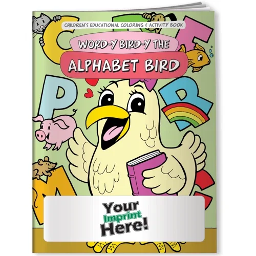 Word-y Bird-y alphabet coloring book interior page with letter line-art to color