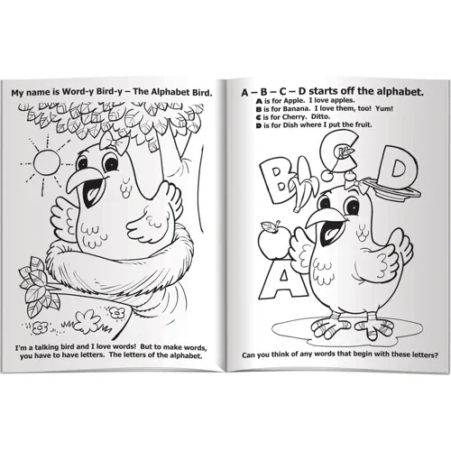 Word-y Bird-y Alphabet Bird combo pack kitted in clear poly bag, book and crayons together
