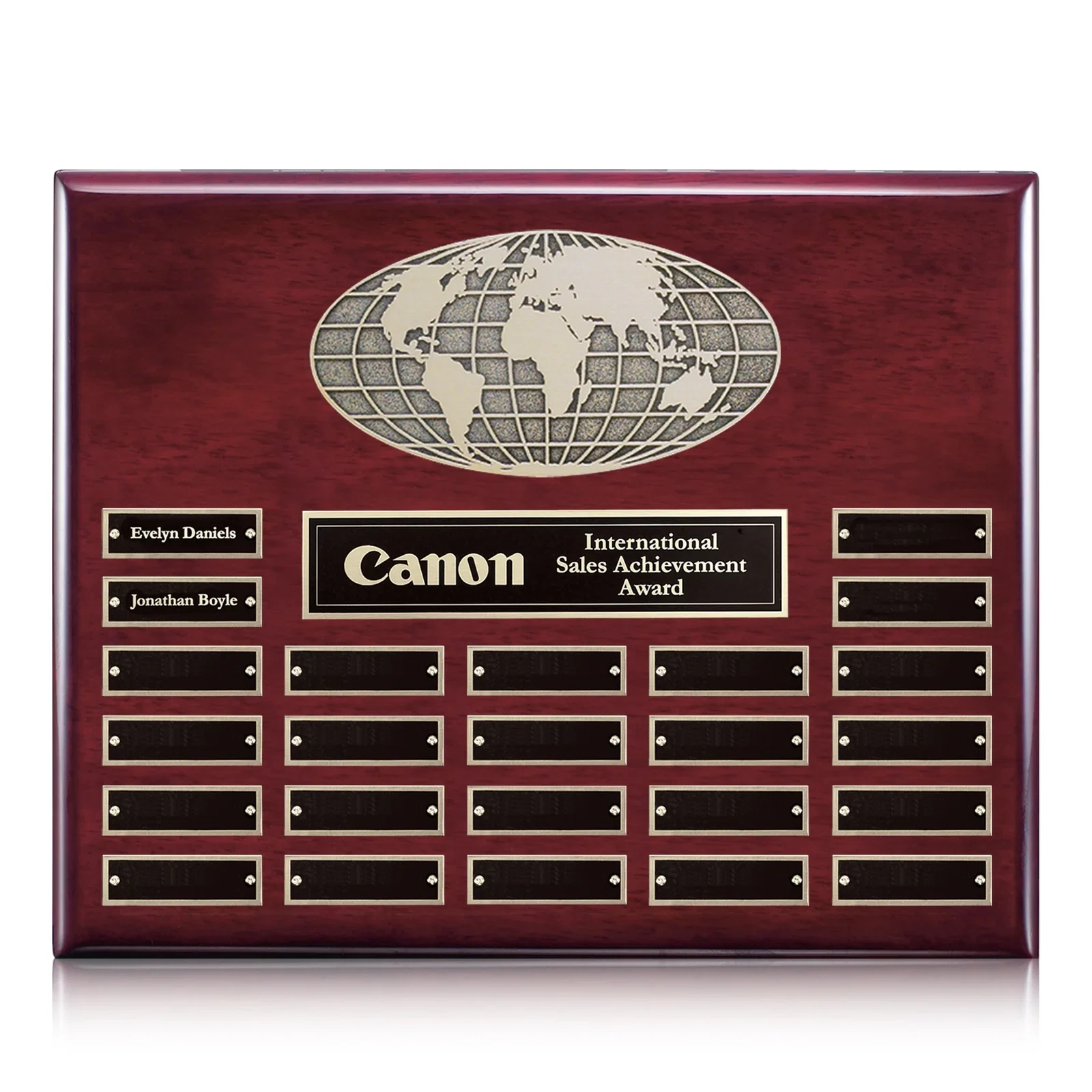 Custom World Globe Perpetual Plaque With Twelve Engraving Inserts for sales achievement awards