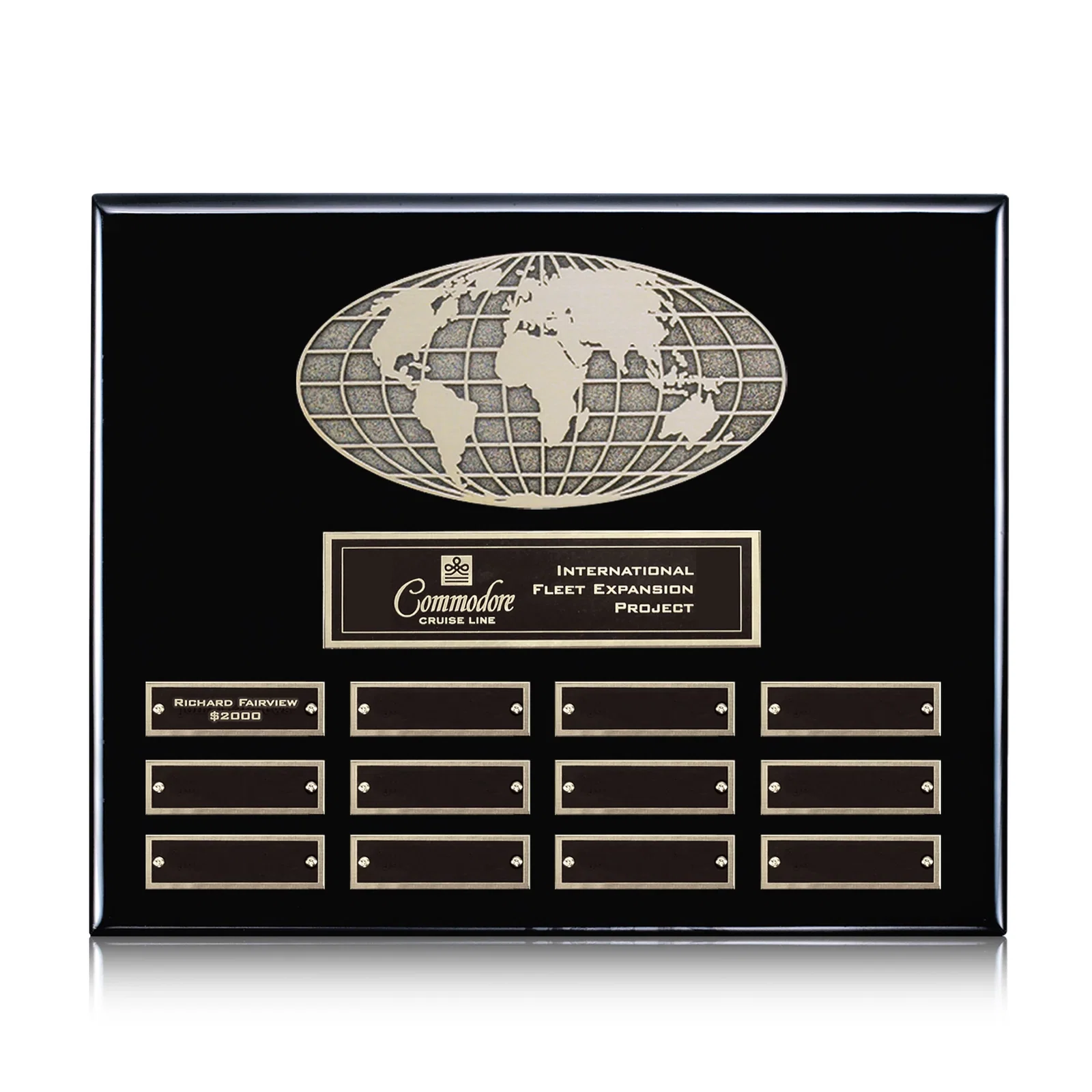 Custom World Globe Perpetual Plaque With Twelve Engraving Inserts for team milestone celebrations