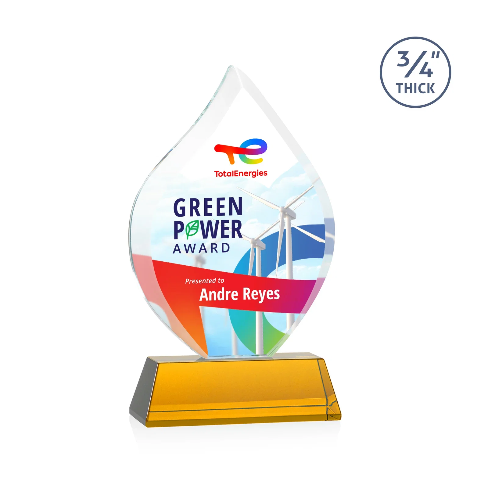Branded Starfire Crystal Flame Award on Tall Tapered Base for service anniversary gifts