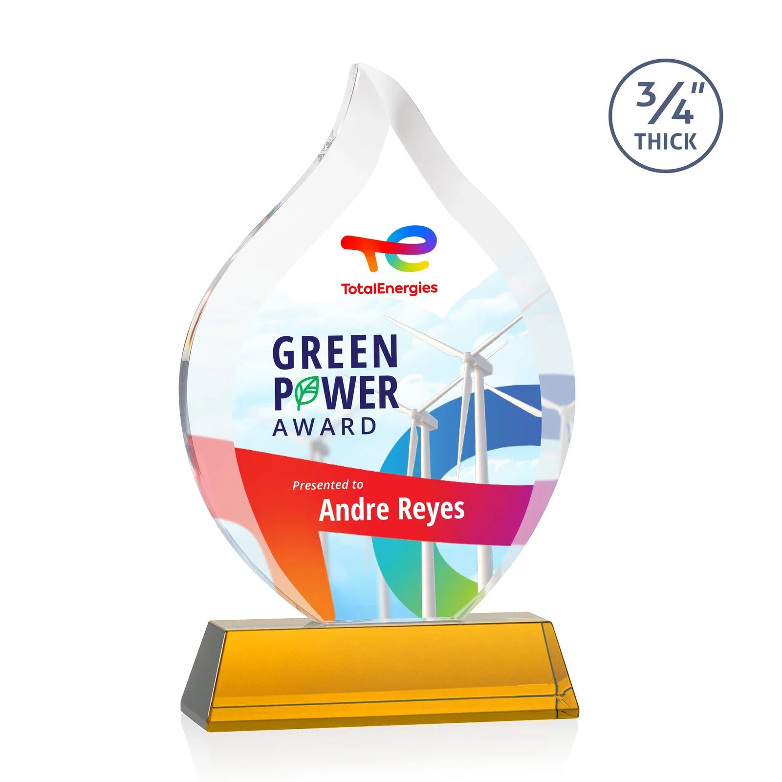 Branded Starfire Crystal Flame Award on Tall Tapered Base for sales achievement awards