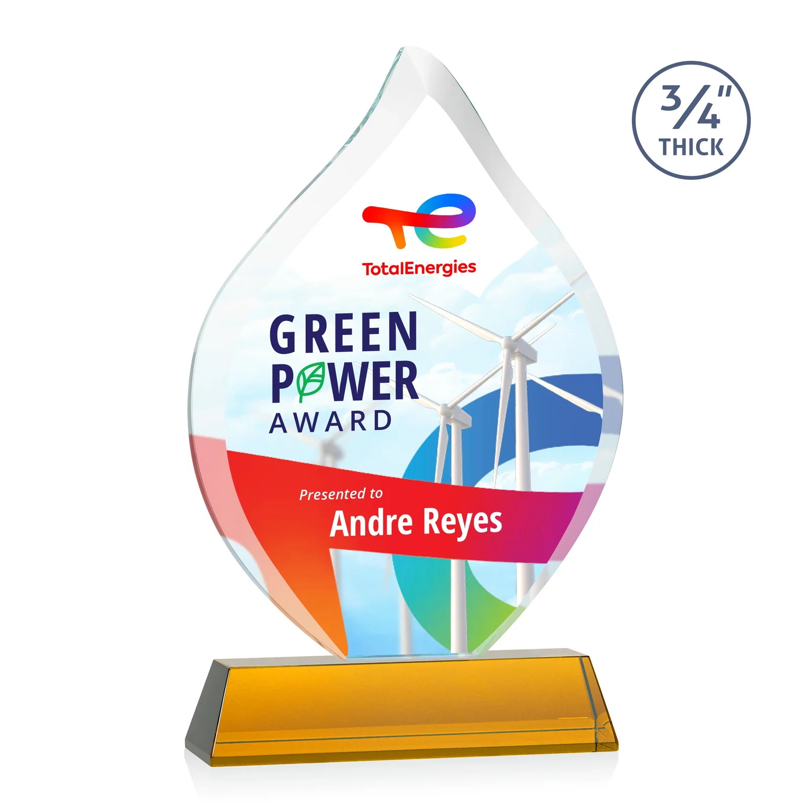 Branded Starfire Crystal Flame Award on Tall Tapered Base for retirement presentations