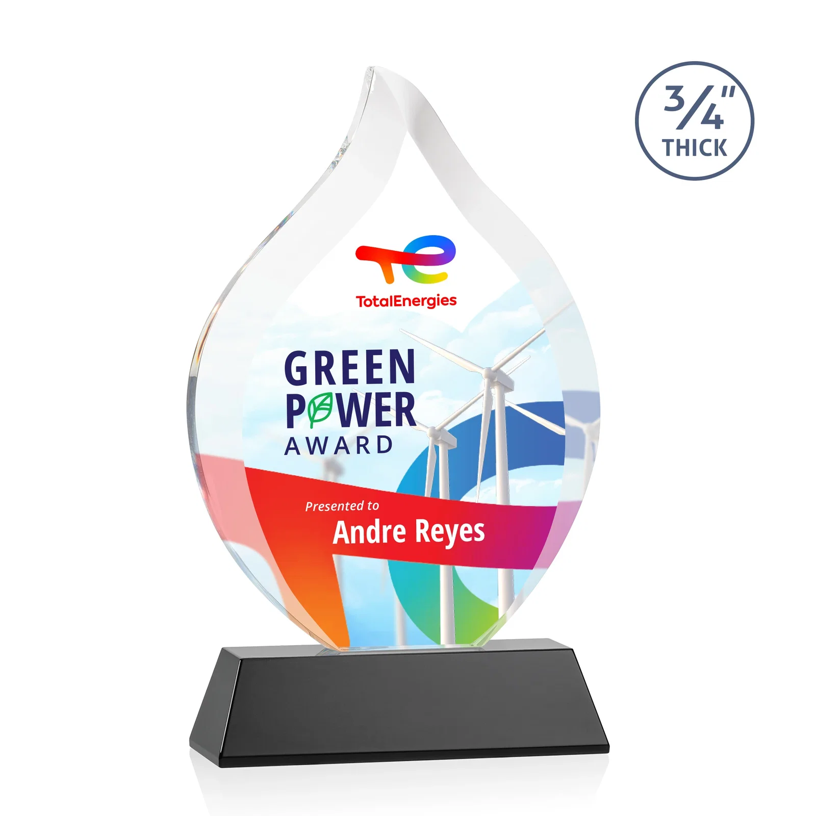 Branded Starfire Crystal Flame Award on Tall Tapered Base for company anniversary events