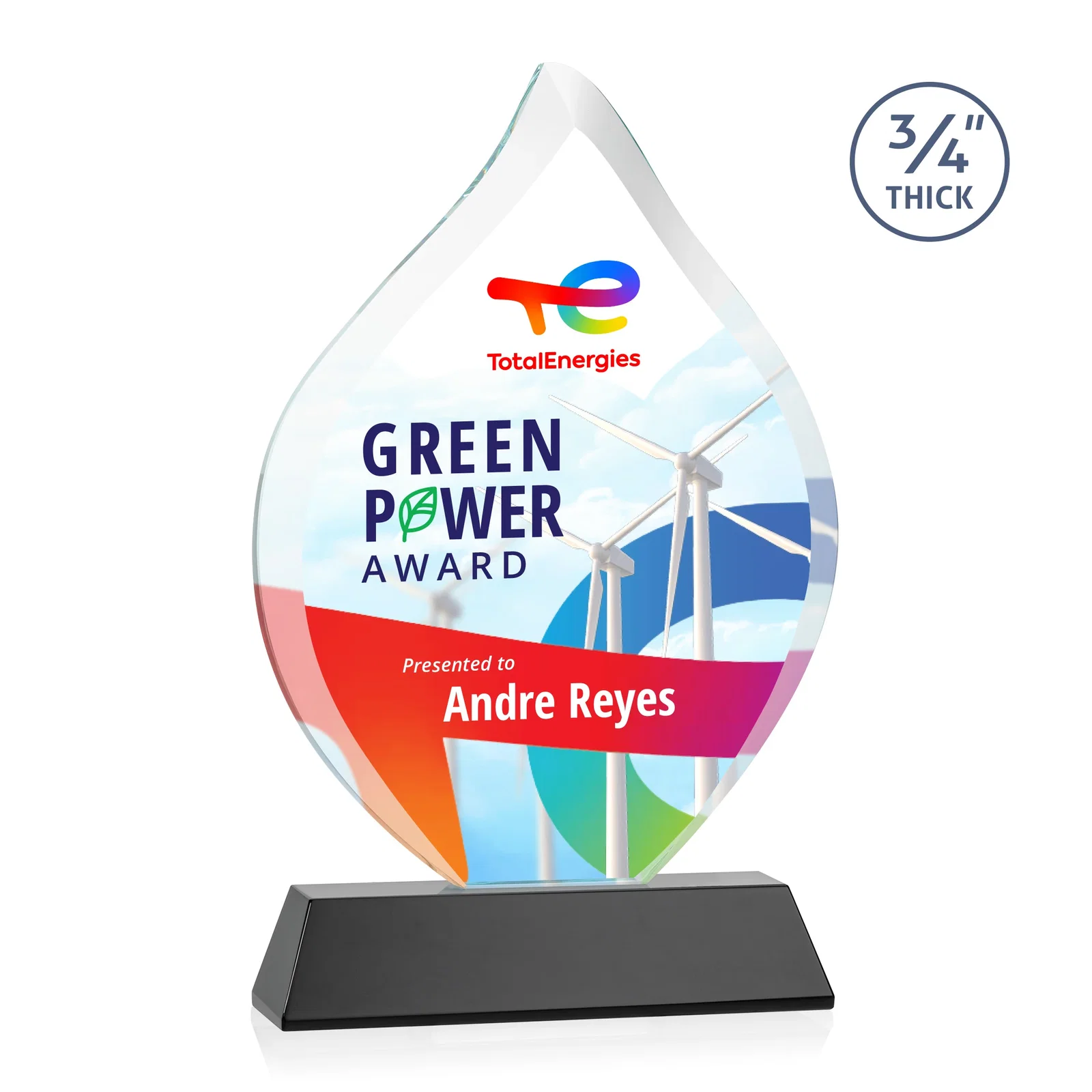 Custom printed Starfire Crystal Flame Award on Tall Tapered Base for employee recognition