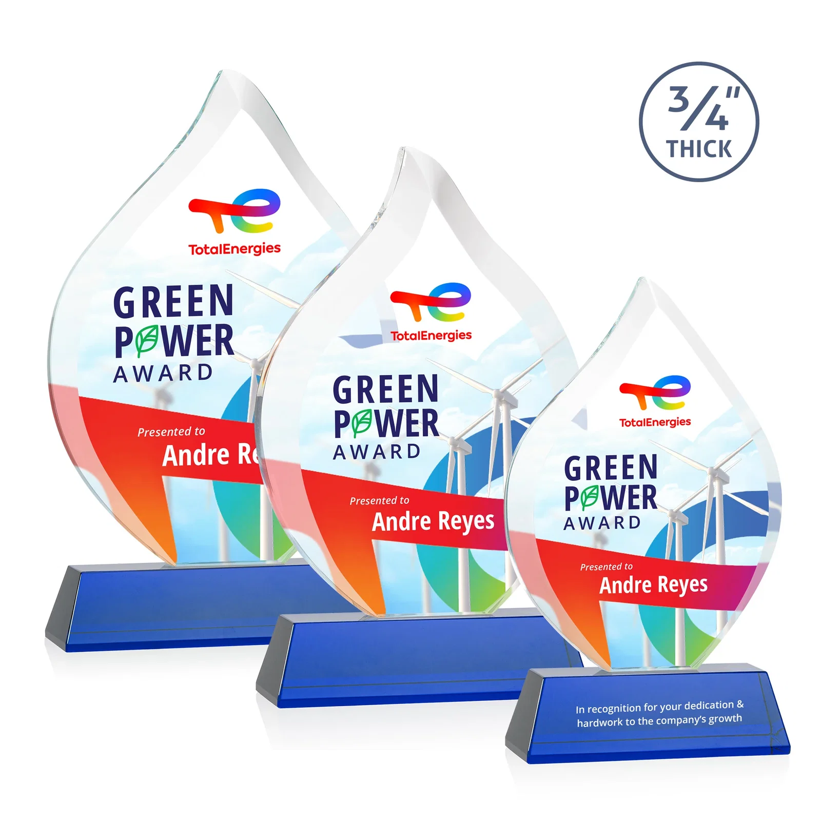 Custom printed Starfire Crystal Flame Award on Tall Tapered Base for corporate award ceremonies