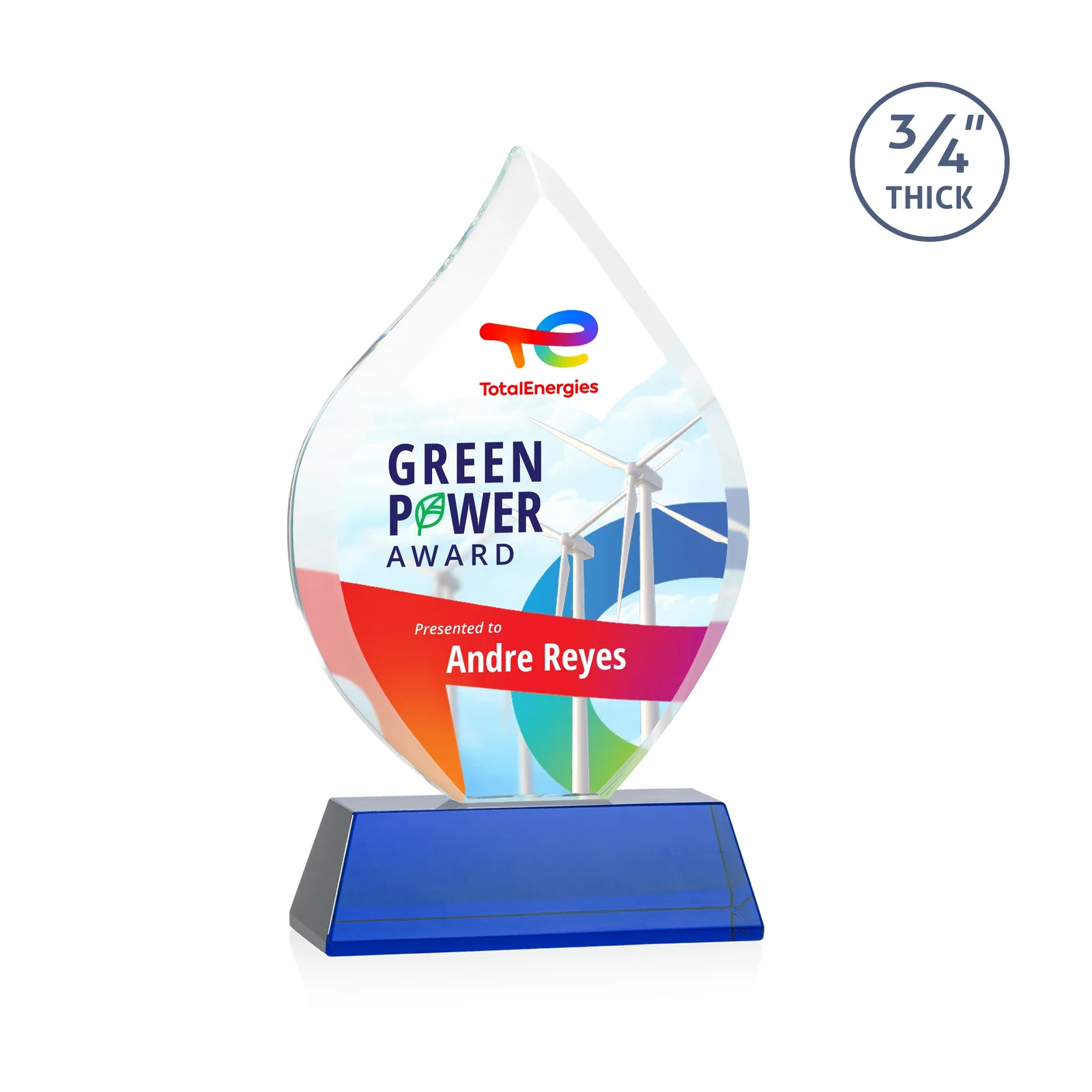 Custom printed Starfire Crystal Flame Award on Tall Tapered Base for service anniversary gifts