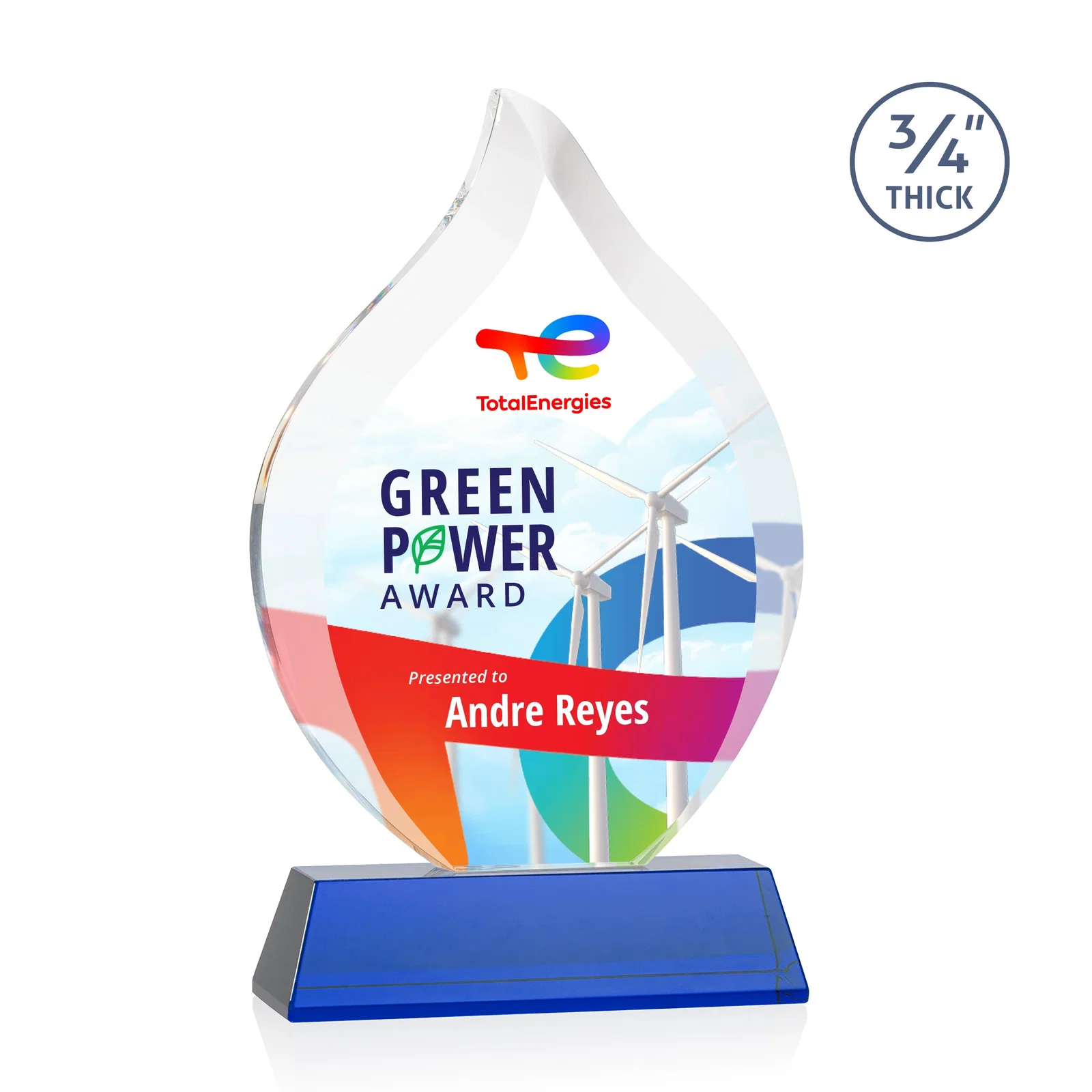 Custom printed Starfire Crystal Flame Award on Tall Tapered Base for sales achievement awards