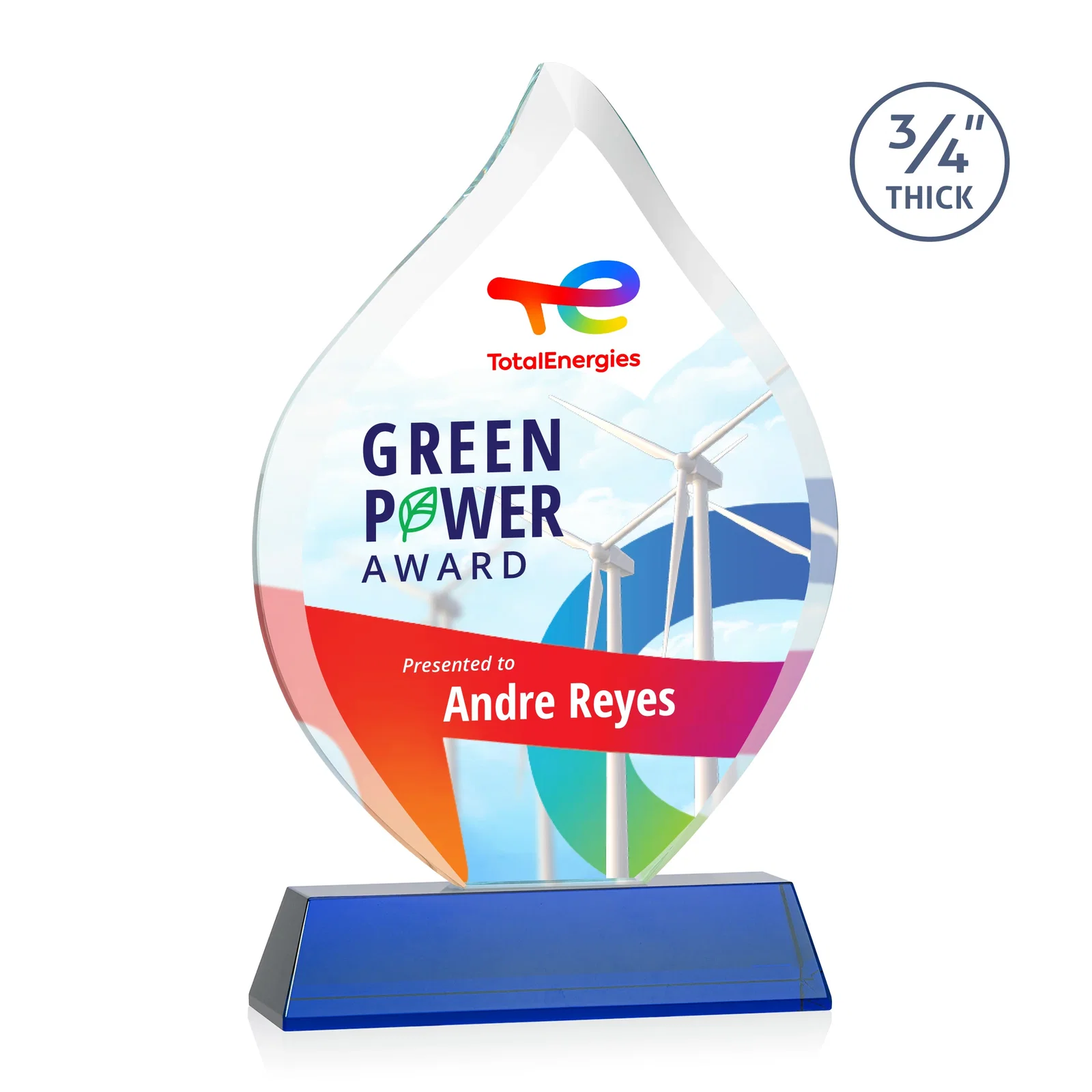 Custom printed Starfire Crystal Flame Award on Tall Tapered Base for retirement presentations