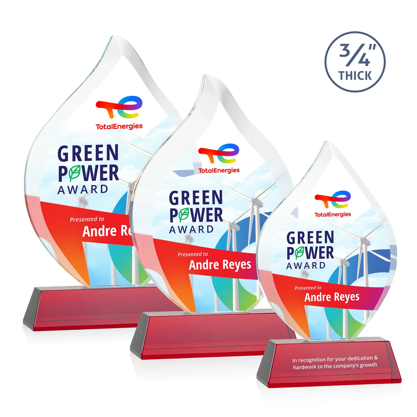 Custom printed Starfire Crystal Flame Award on Tall Tapered Base for team milestone celebrations