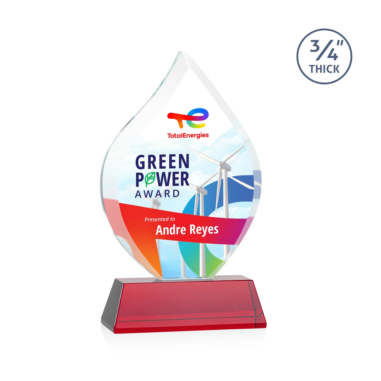 Custom printed Starfire Crystal Flame Award on Tall Tapered Base for donor appreciation