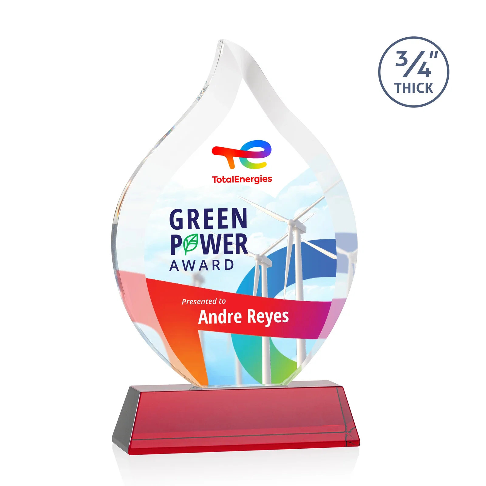 Custom printed Starfire Crystal Flame Award on Tall Tapered Base for graduation ceremonies