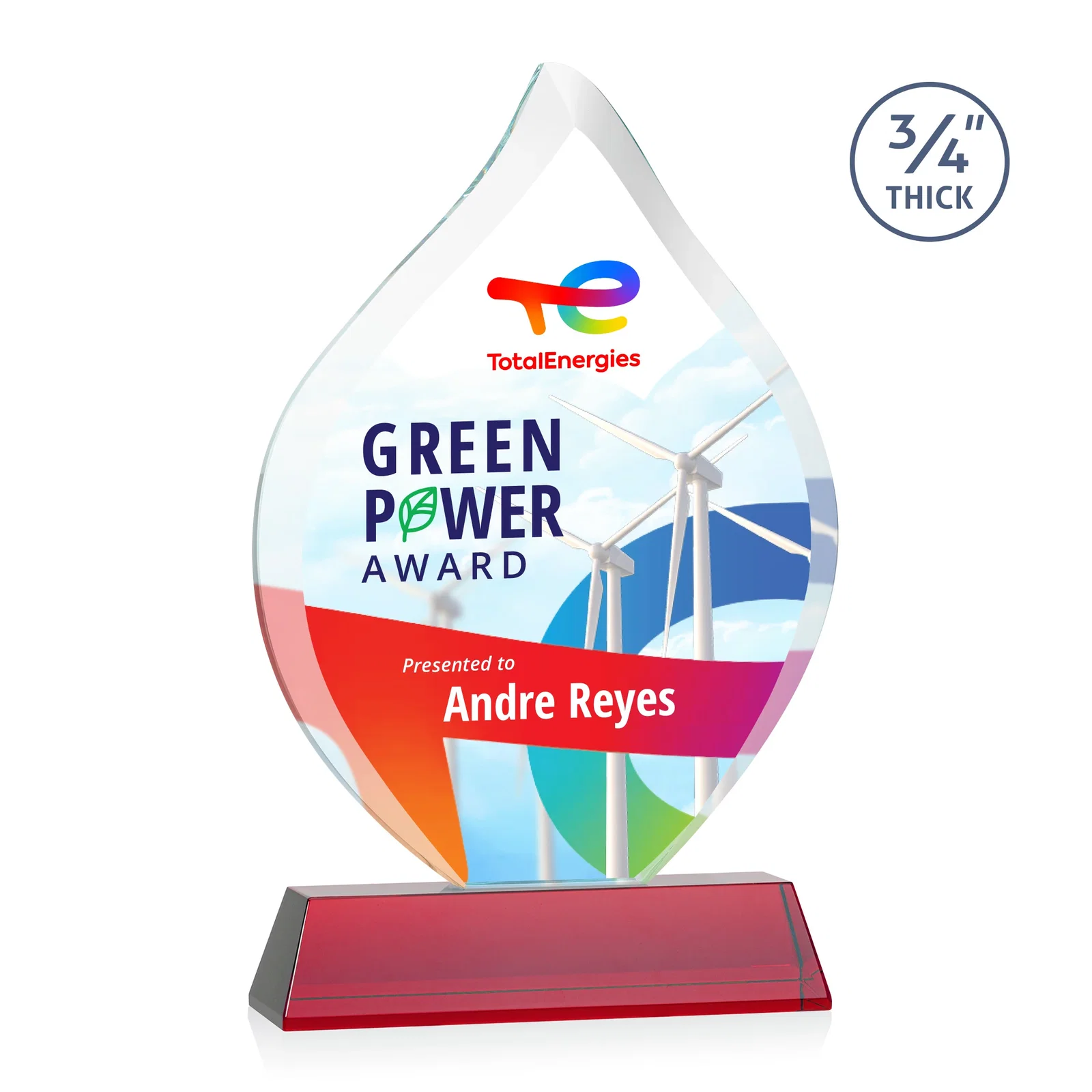 Custom printed Starfire Crystal Flame Award on Tall Tapered Base for safety achievement programs