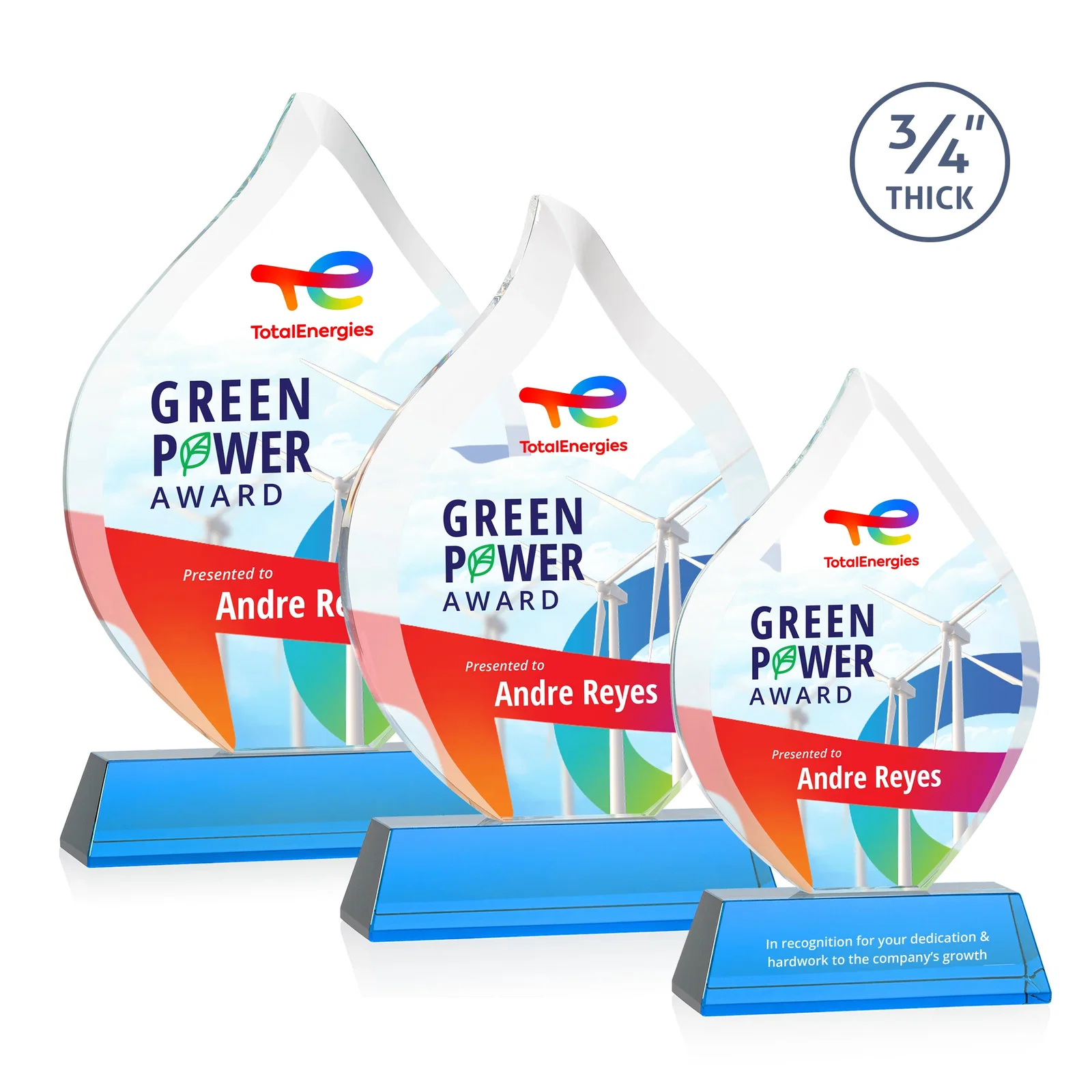 Custom printed Starfire Crystal Flame Award on Tall Tapered Base for volunteer appreciation