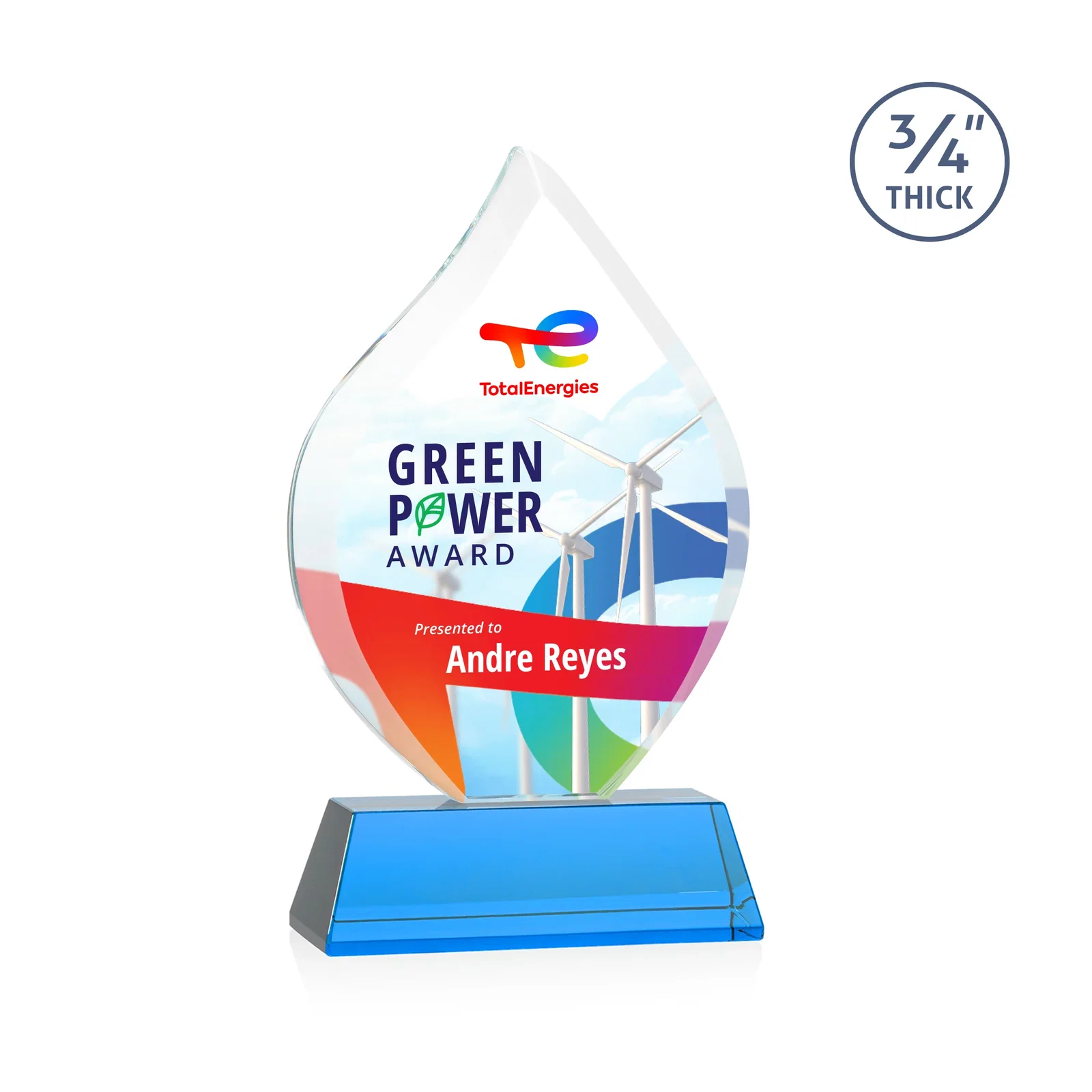 Custom printed Starfire Crystal Flame Award on Tall Tapered Base for dealer and partner awards