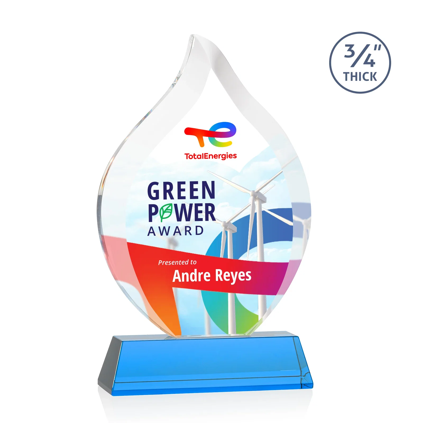 Custom printed Starfire Crystal Flame Award on Tall Tapered Base for company anniversary events