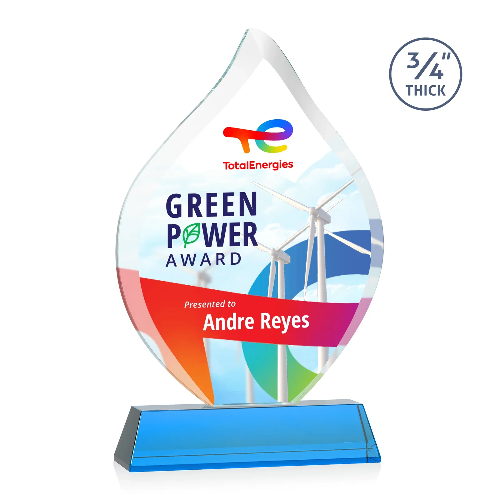Customized Starfire Crystal Flame Award on Tall Tapered Base for employee recognition