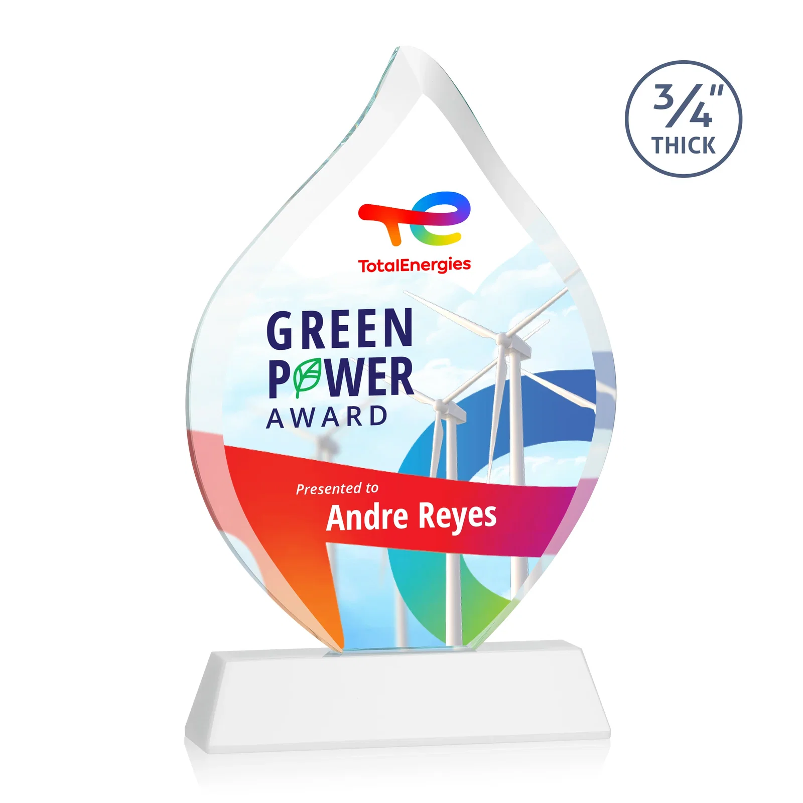 Customized Starfire Crystal Flame Award on Tall Tapered Base for retirement presentations