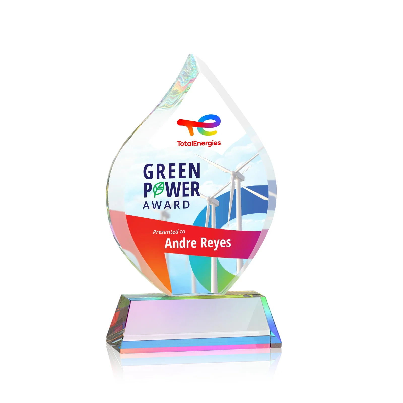 Customized Starfire Crystal Flame Award on Tall Tapered Base for dealer and partner awards