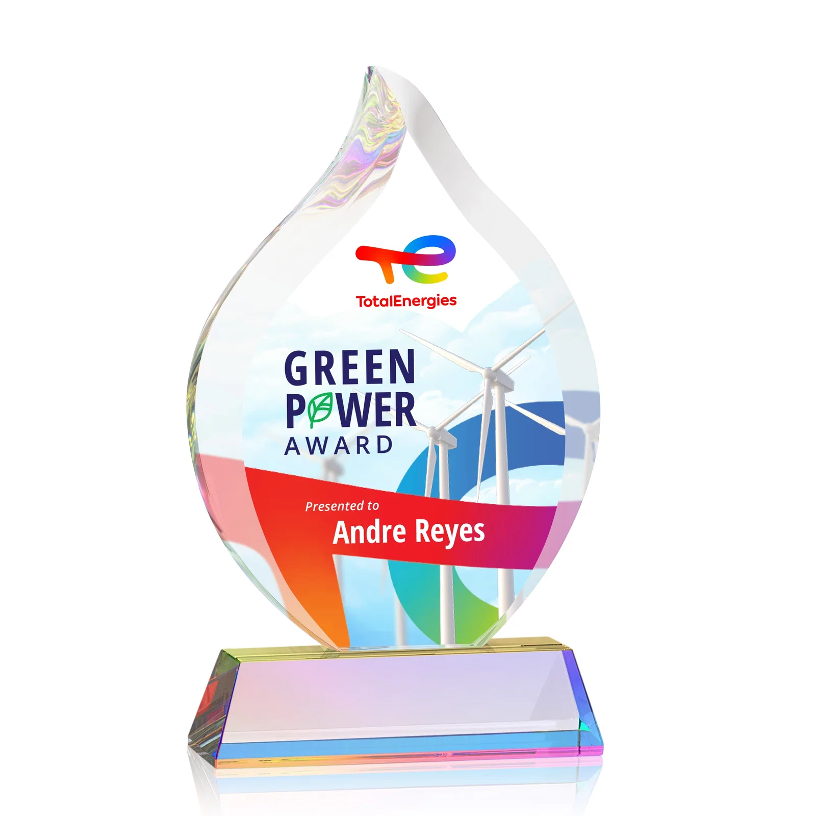Customized Starfire Crystal Flame Award on Tall Tapered Base for company anniversary events
