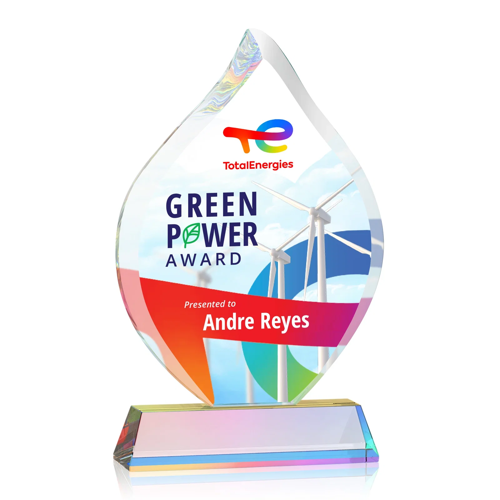 Custom engraved Starfire Crystal Flame Award on Tall Tapered Base for employee recognition