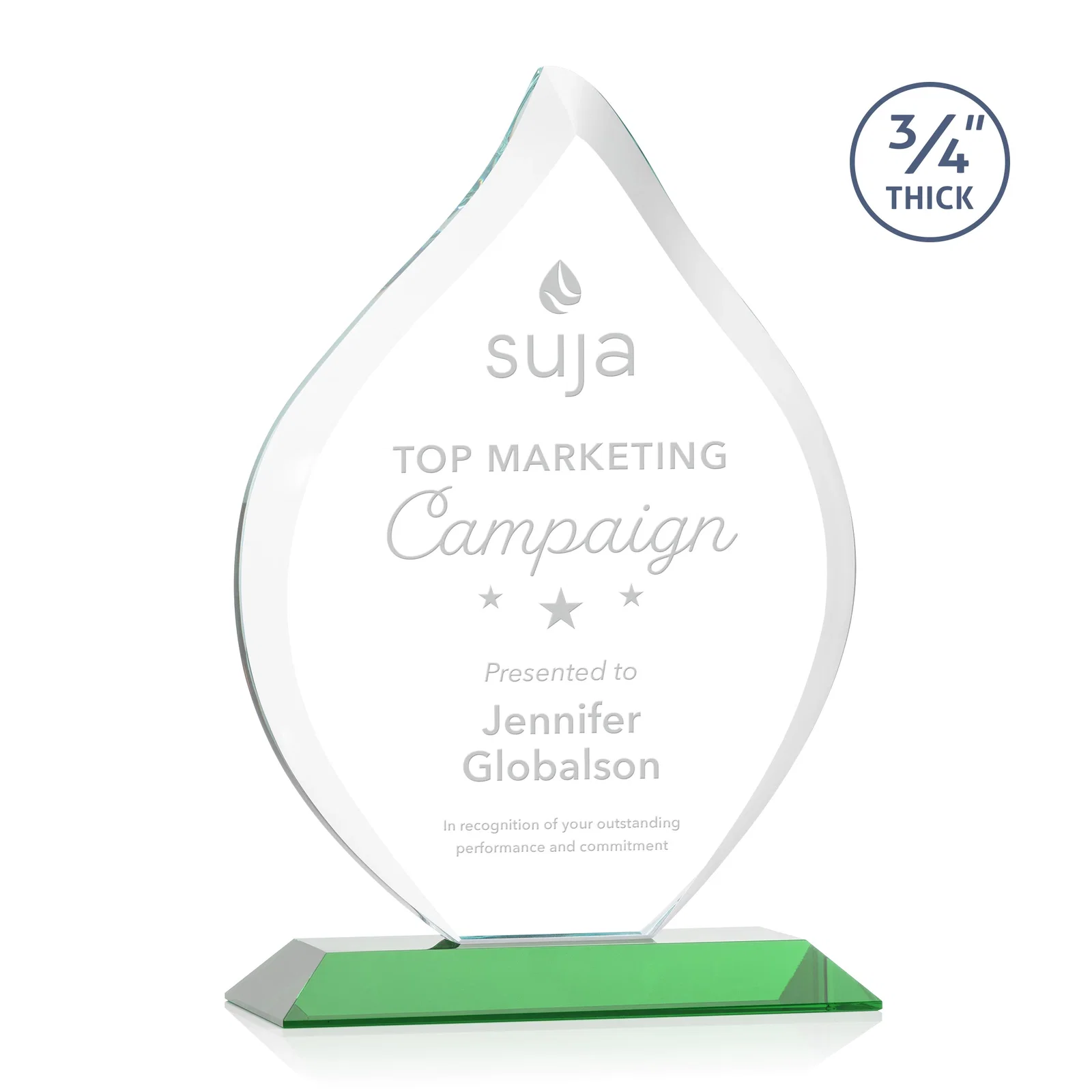 Personalized Starfire Crystal Flame Award With A Mitered Base for retirement presentations