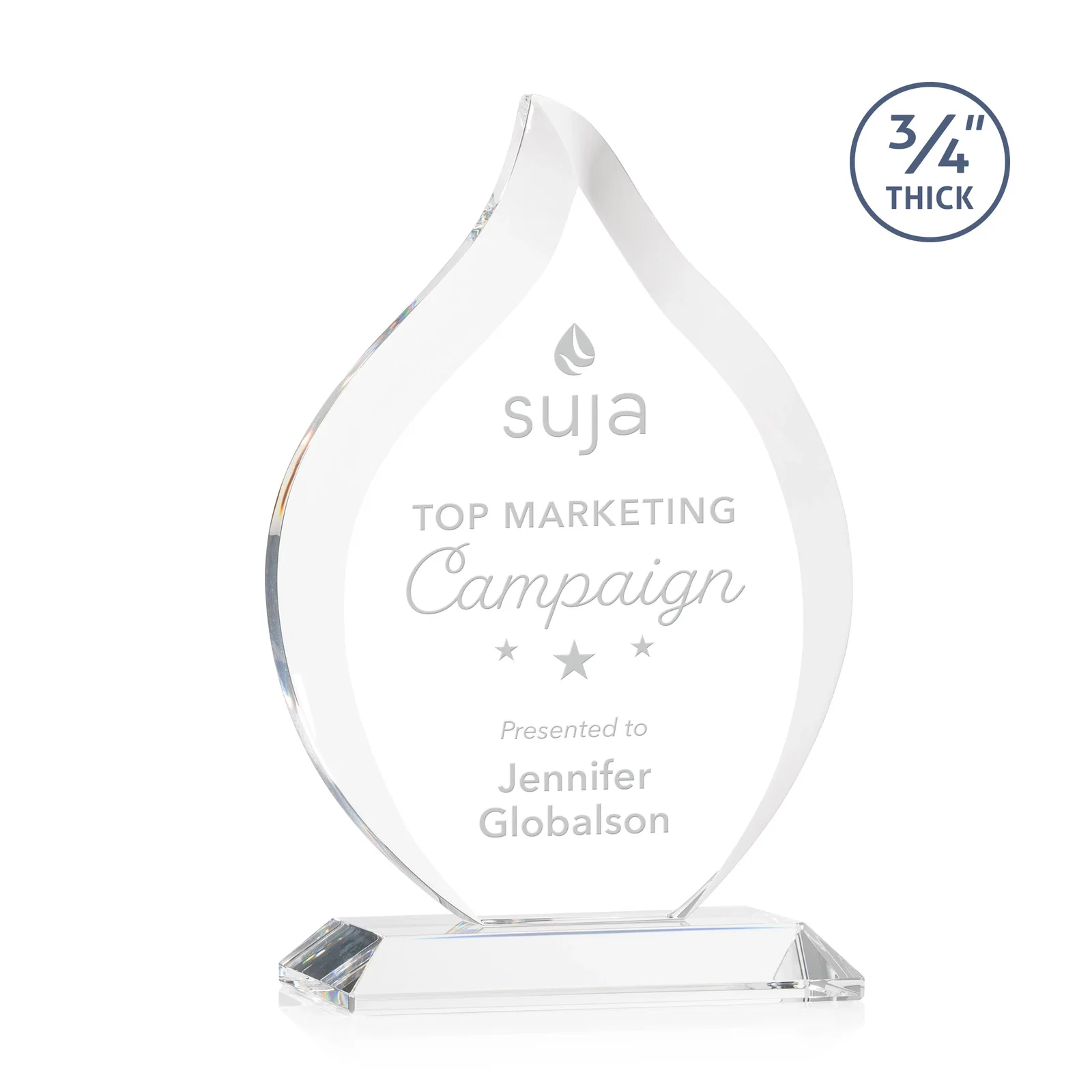 Custom Starfire Crystal Flame Award With A Mitered Base for service anniversary gifts