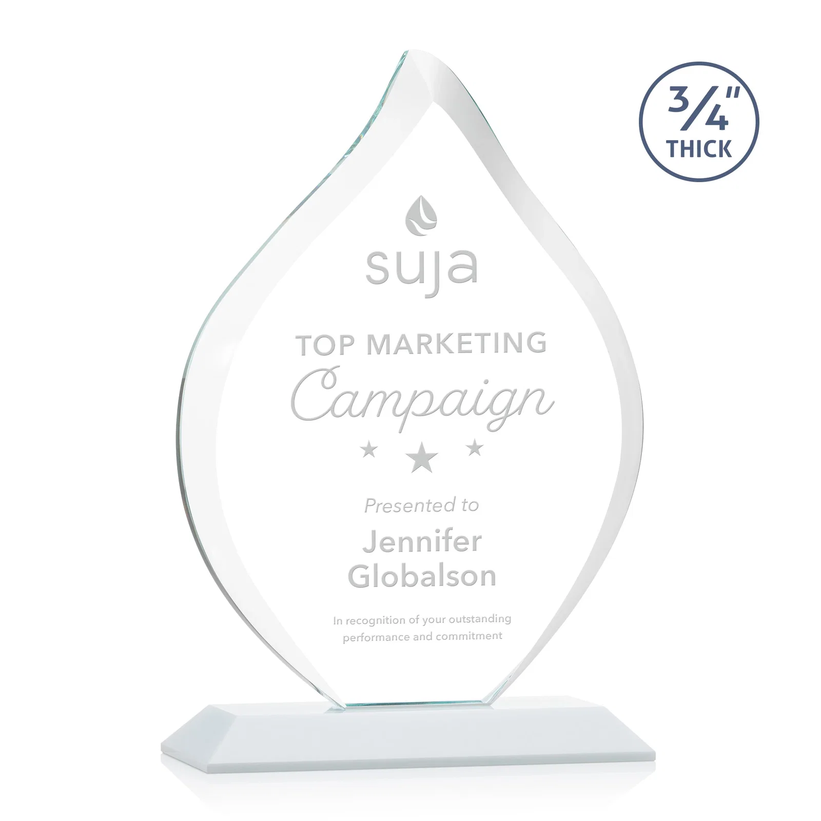 Branded Starfire Crystal Flame Award With A Mitered Base for retirement presentations