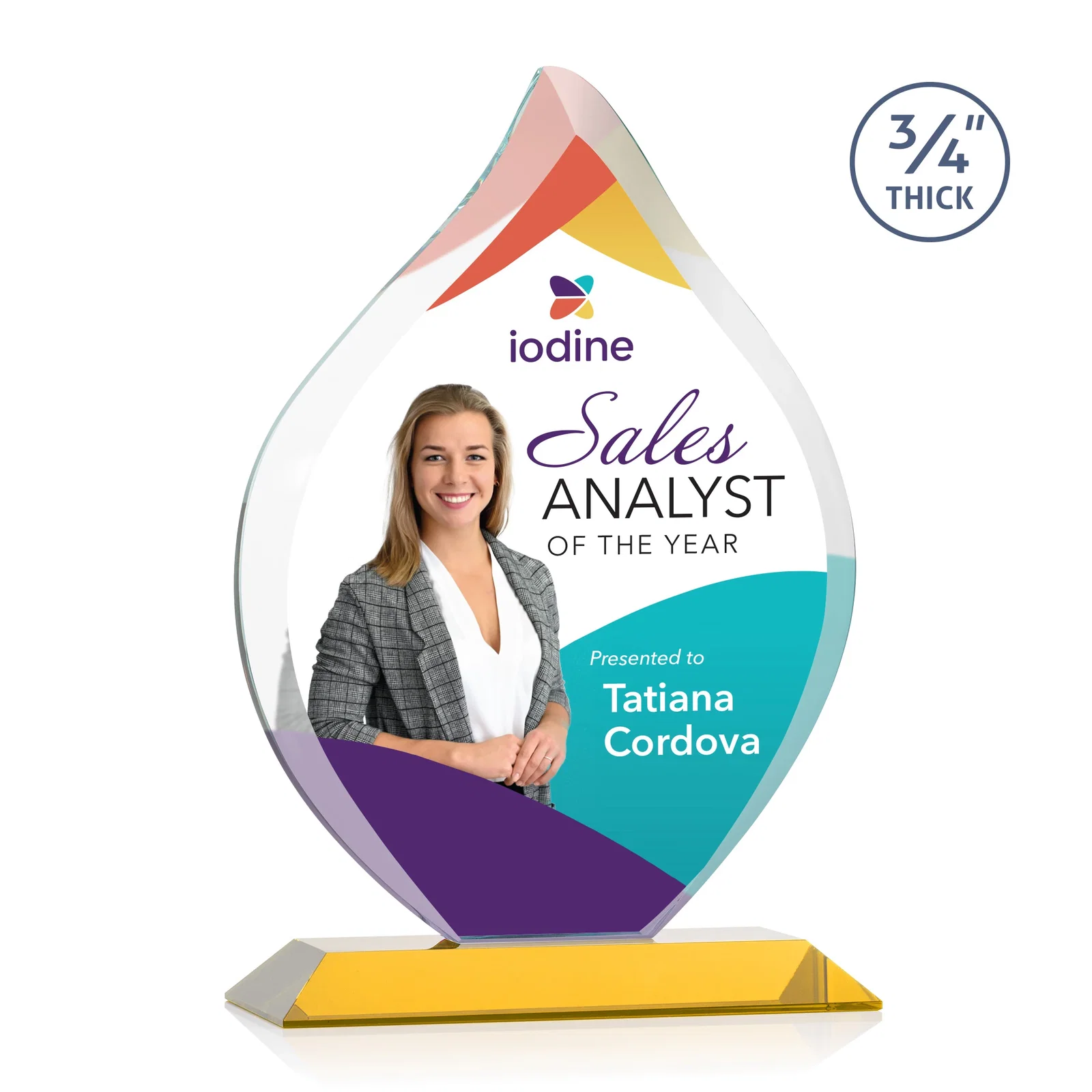 Custom printed Starfire Crystal Flame Award With A Mitered Base for employee recognition