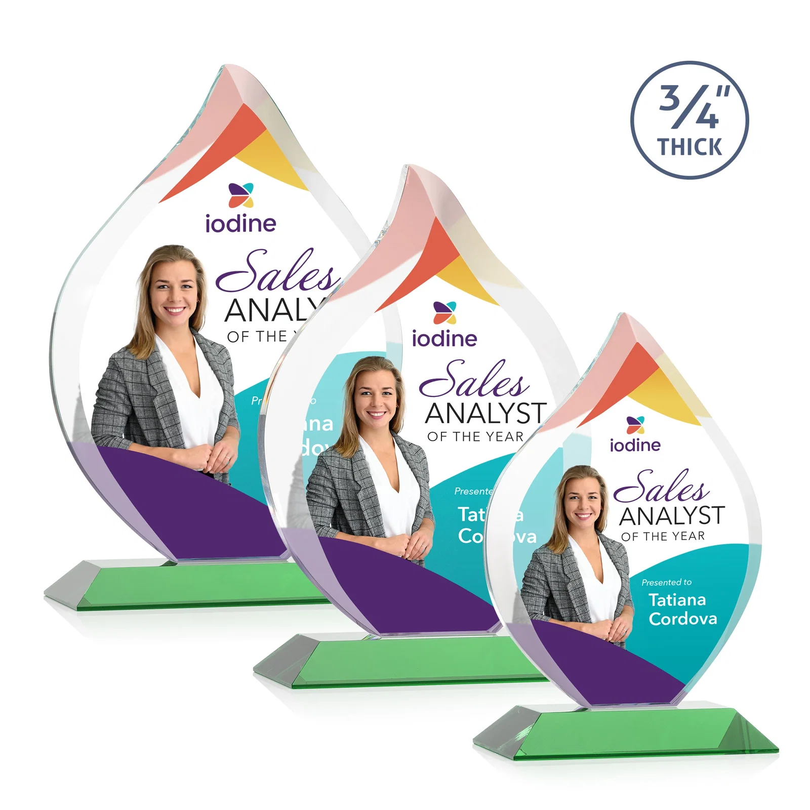Custom printed Starfire Crystal Flame Award With A Mitered Base for corporate award ceremonies