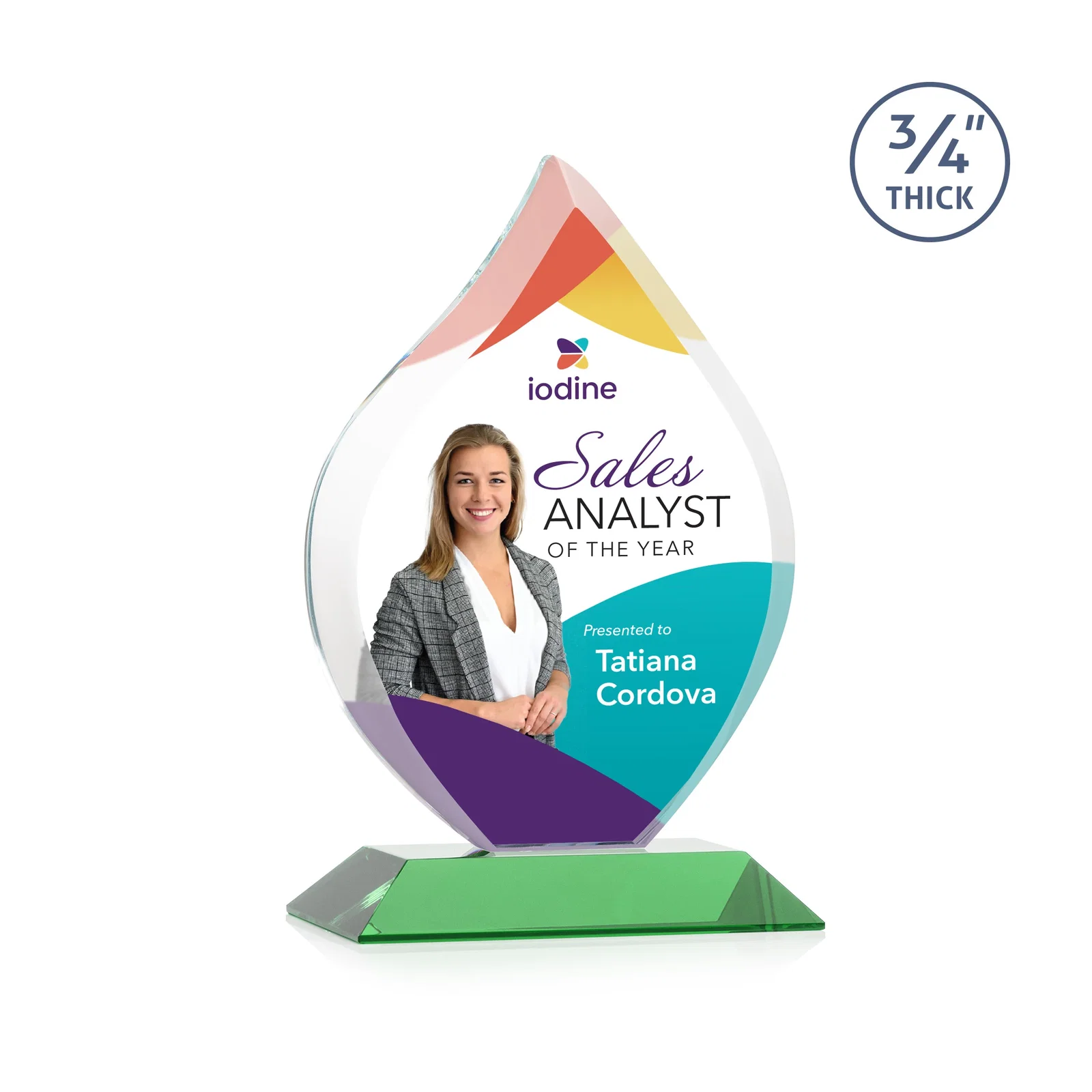 Custom printed Starfire Crystal Flame Award With A Mitered Base for service anniversary gifts